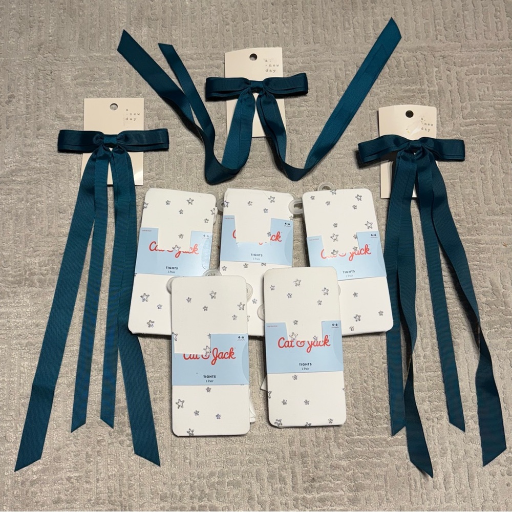 NWT Cat & Jack Footed Tights & Teal Hair Accessories Set kids 4-6
